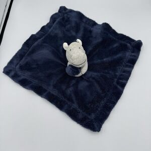 Carters Navy Blue Gray Hippo Baby Lovey Plush Satin Back Rattle Security Blanket